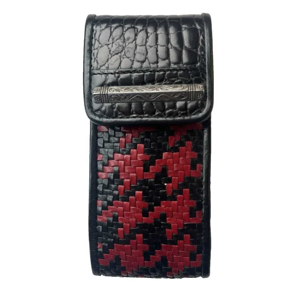 Vtg Brighton Woven Leather Lipstick Holder Case Black Red Houndstooth Mock Croc